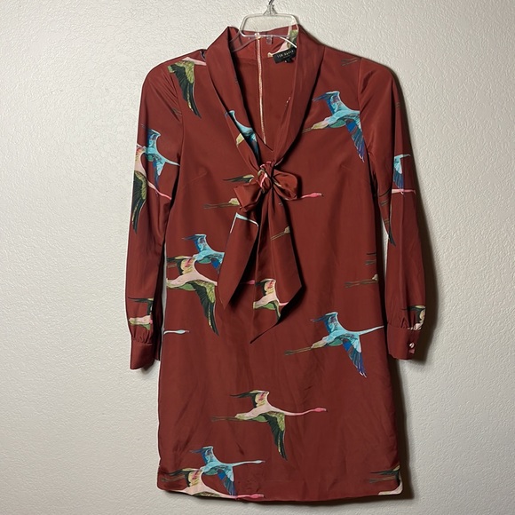 Ted Baker London Bow Necktie Tunic Dress Size 1 Rust Brown Flying Geese Pattern - Picture 12 of 13